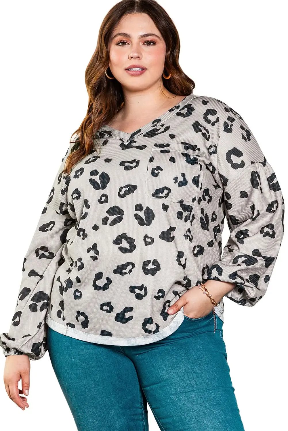 Gray Printed Leopard Balloon Sleeve Thermal Knit Plus Size Top - Love Salve